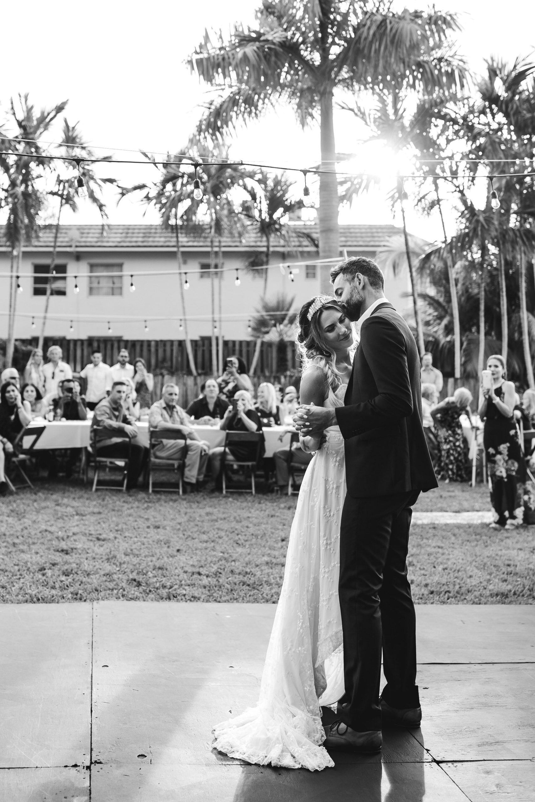 Black and White Portrait of Bride and Groom First Dance