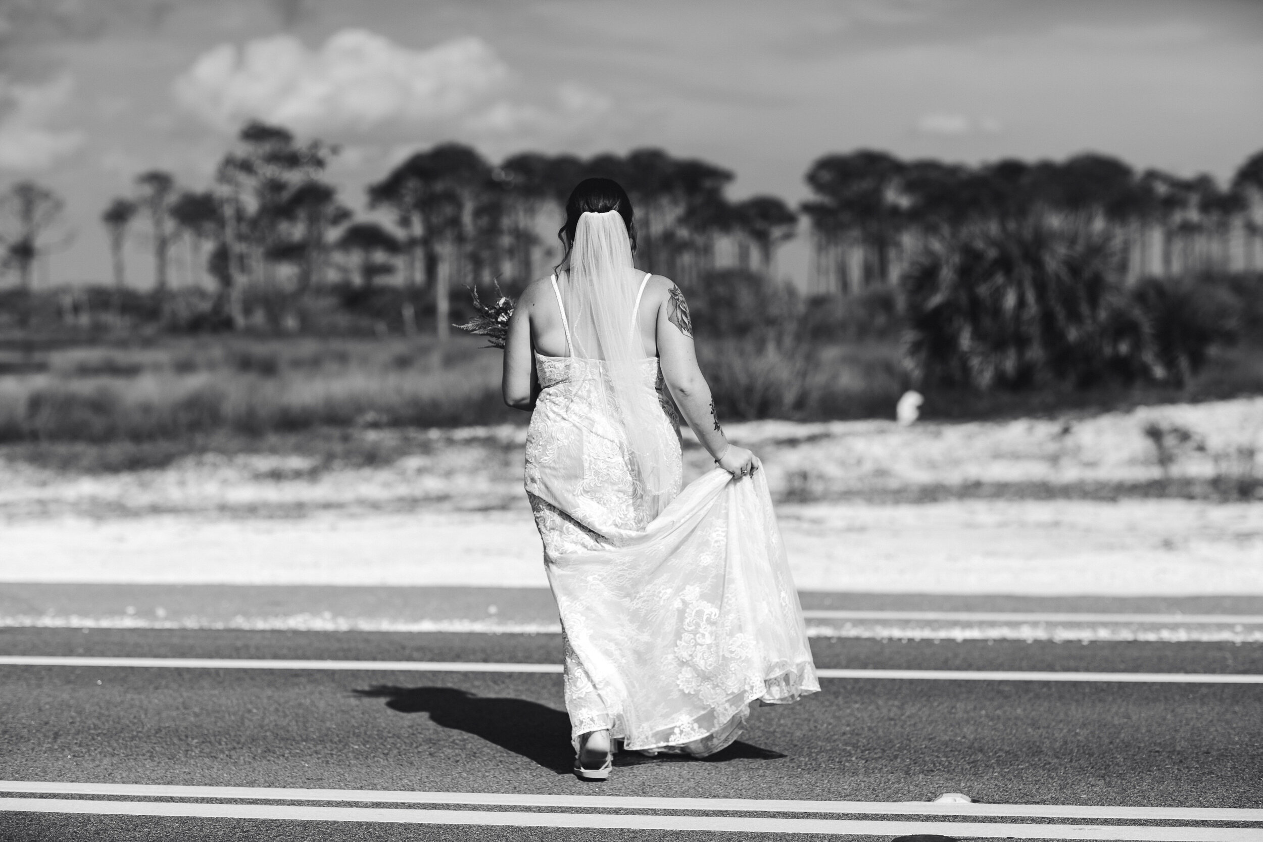 Bride-Walking-Across-Street-Black-and-White