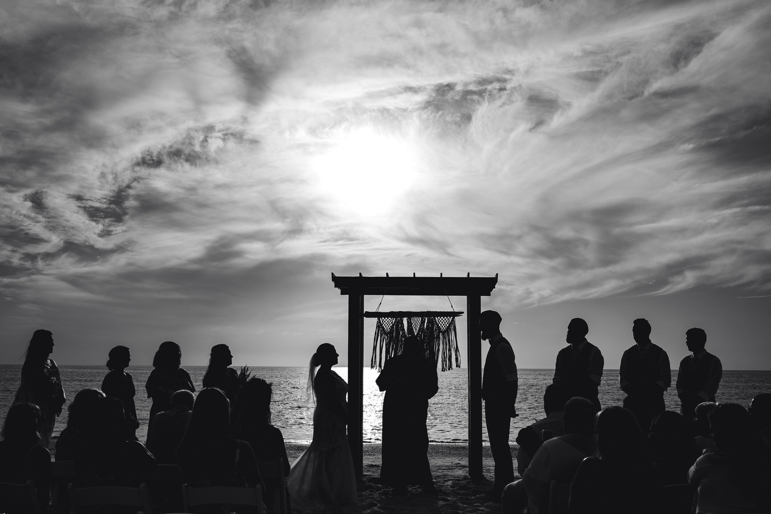 Silhouette-Wedding-Ceremony-Beach-Sunset-Port-St-Joe-Florida-Black-and-white