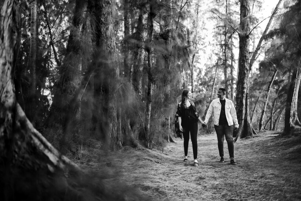 Black and White Engagement Portrait in Nature