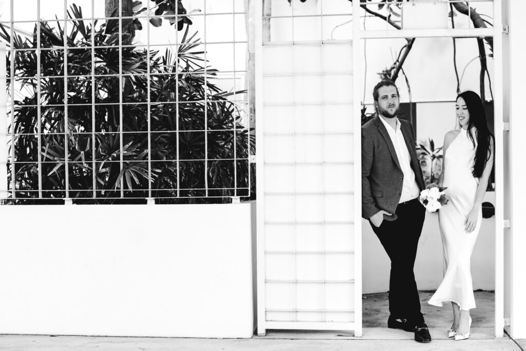 Black and White Image of Bride and Groom on Elopement Day in Miami