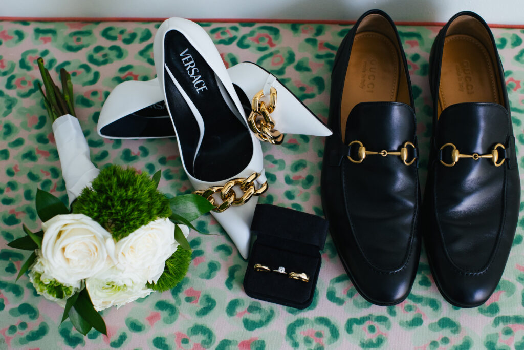 Versace Bride Shoes and Gucci Loafers for the Groom. Stylish Wedding Accessories for a South Beach Elopement.