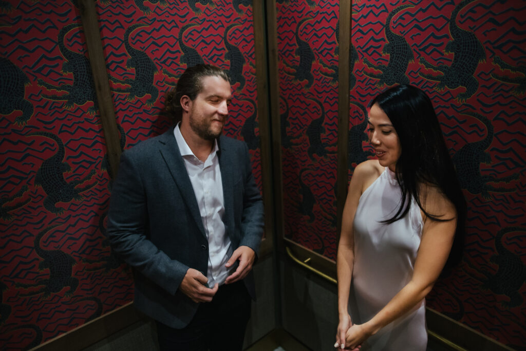 Bride and Groom in Elevator at Goodtime Hotel in South Beach on their 420 Elopement Day