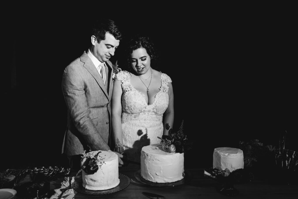 Bride and Groom Cutting Cake Black and White Portrait