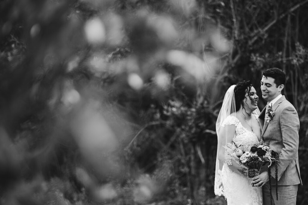 Black and White Portrait Bride and Groom joyful Vero Beach Tree House Wedding