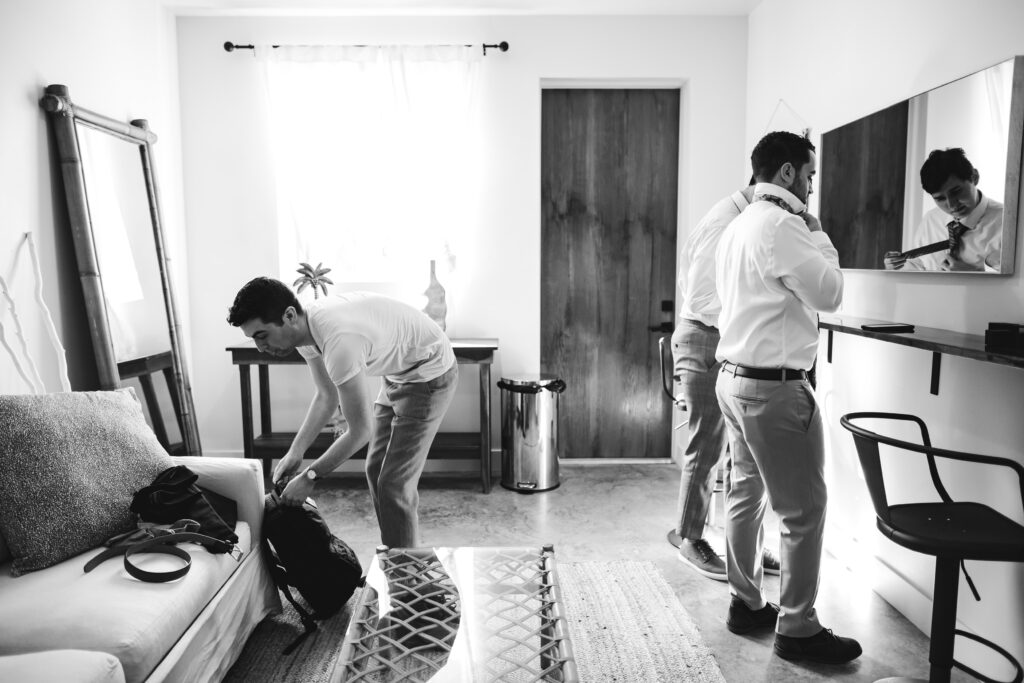 Black and White Picture Groom Getting Ready Vero Beach Tree House Wedding