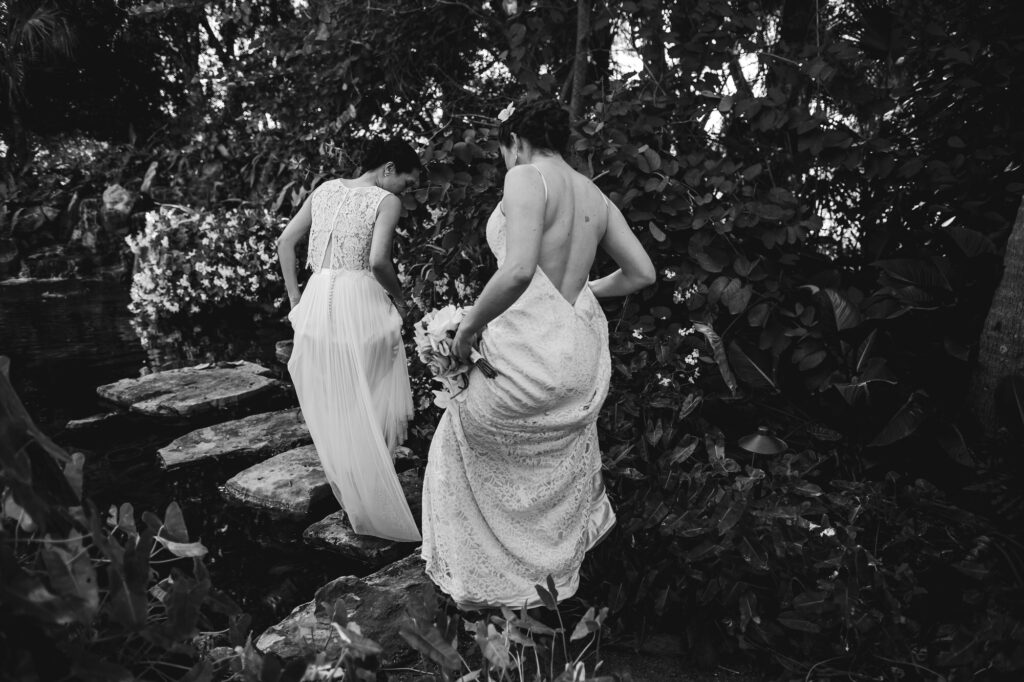 Black and White Photograph of Two Brides at their Destination Wedding at Colab Farms