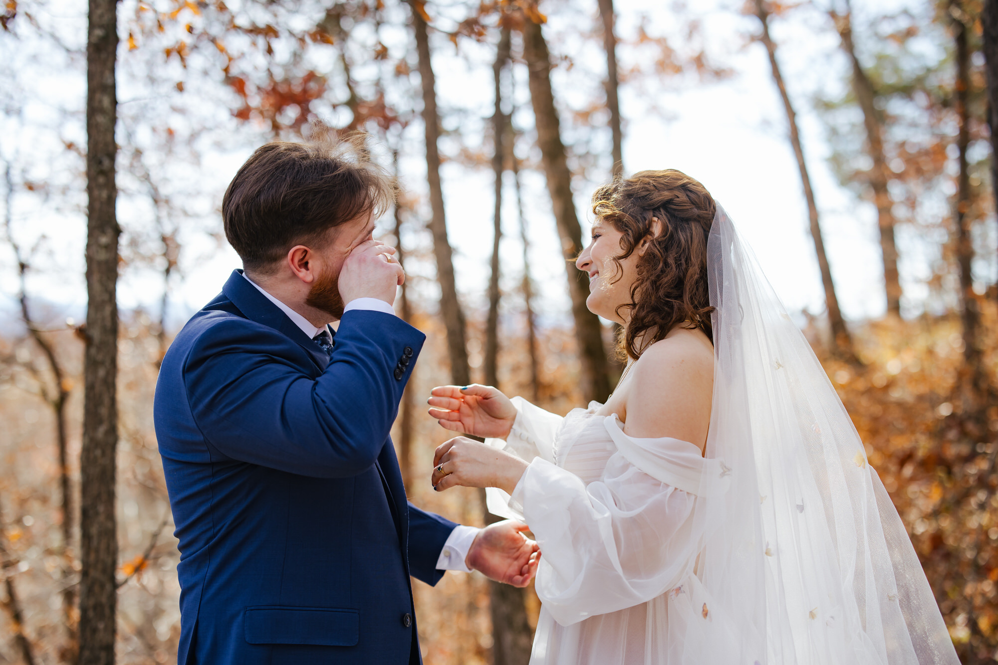 Bride and Groom First Look Nolichukey Bluffs Chapel in Greenville TN