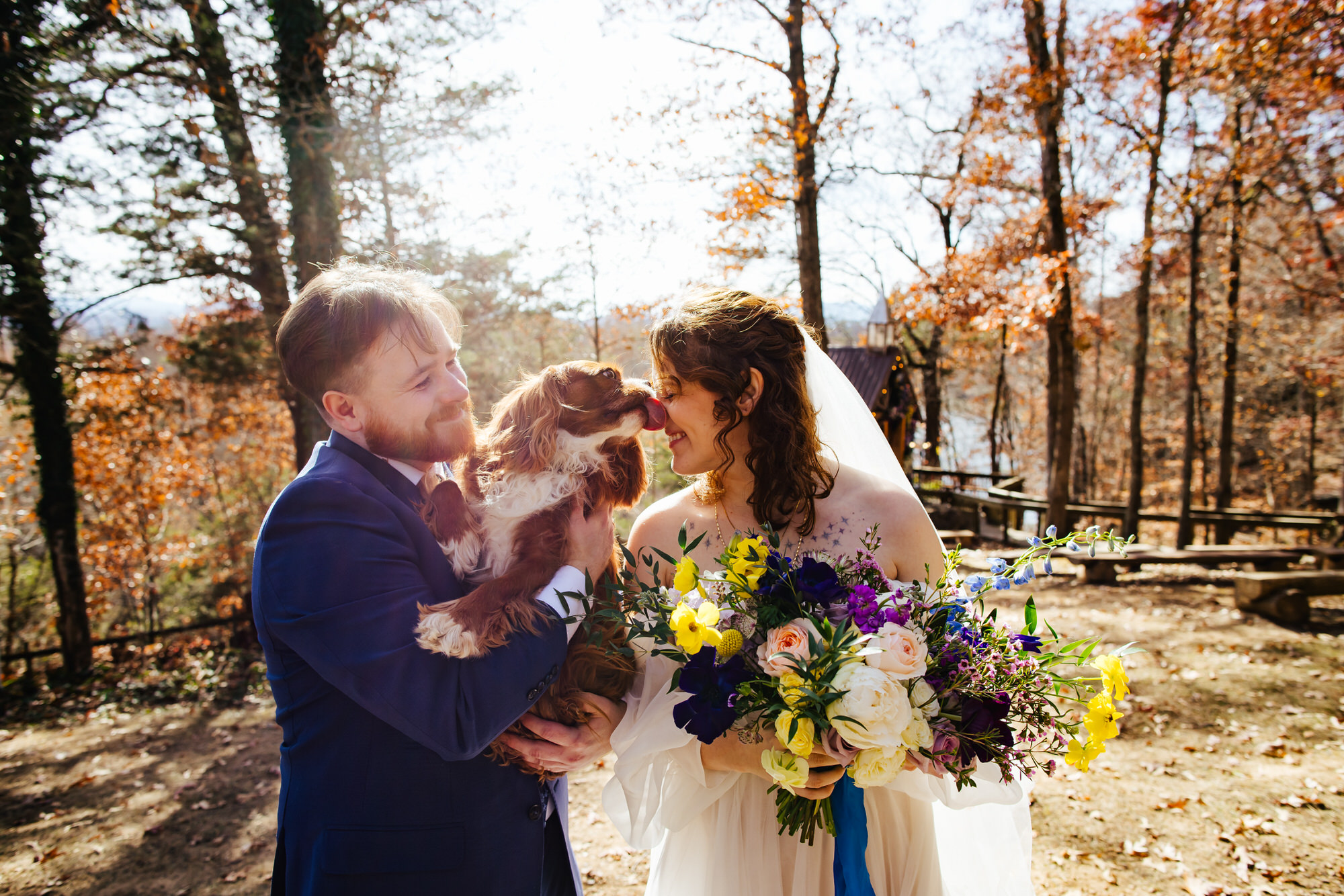 Wedding Couple with their adorable puppy at Nolichukey Bluffs Chapel