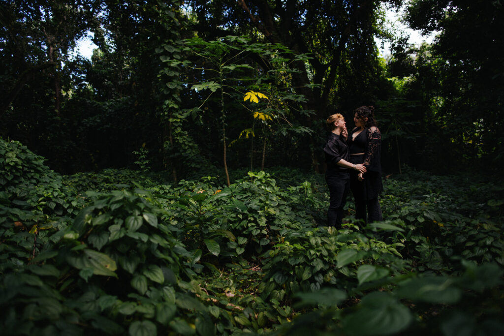 Queer Non Binary Couple Engagement Portraits Witchy Creative Woods