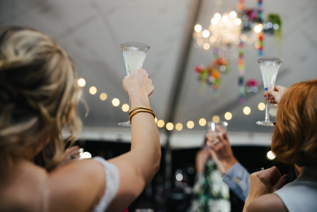 Brides raising a glass for a toast at their Destination Wedding Reception